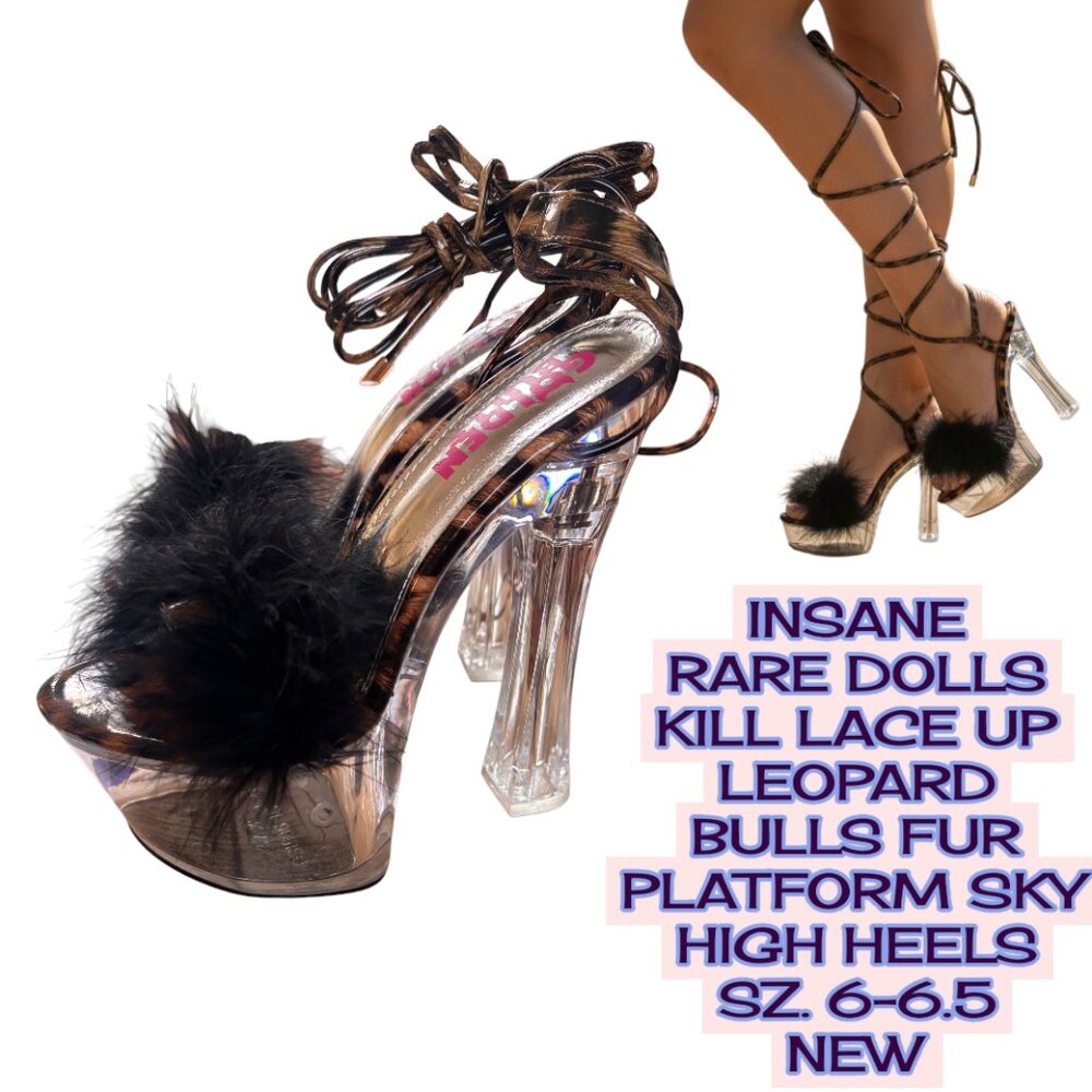 RARE INSANE DOLLS KILL BULLS HIGH LEOPARD FURโ LACE UP PLATFORM HEELS 6-6.5 NEW